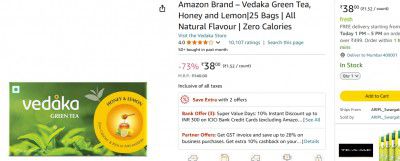 Amazon Brand – Vedaka Green Tea, Honey and Lemon|25 Bags | All Natural Flavour | Zero Calories
