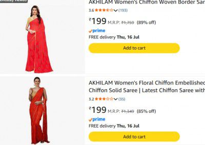 Amazon Loot : Akhilam Womens Sarees | Starts @199/- 