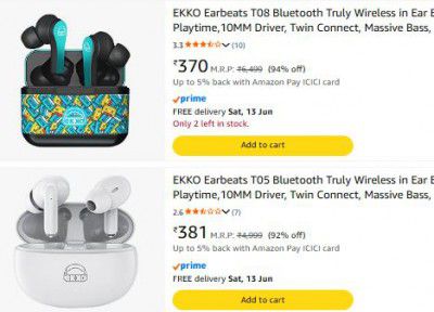 Amazon Loot : Up to 95% OFF - Ekko Wireless Earbuds | Starts At Rs.381