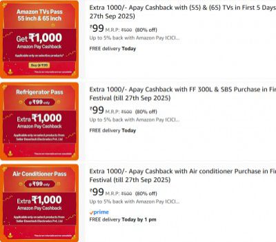 Amazon Pay Cashback Passes on Appliances at ₹99