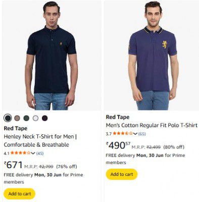 Amazon : Red Tape Men's Clothing Upto 90% off | Starts At ₹249