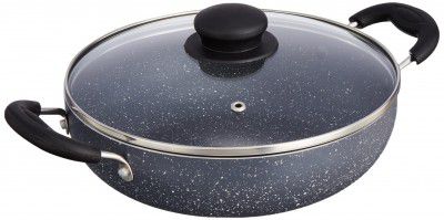 Amazon Solimo Non-Stick Kadai with Glass Lid | Granite Finish | Induction Base | 22 cm | Grey