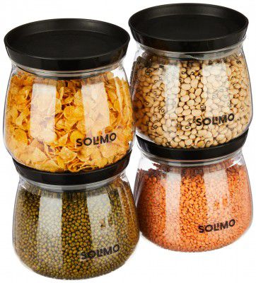 Amazon Solimo Plastic Storage Jar and Container Set I Air Tight & BPA Free Containers for Kitchen Storage Set I Grocery Kitchen Container Set I Multipurpose Jar | 800 Ml Each | Set 4 | Black
