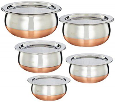 Amazon Brand - Solimo Stainless Steel 5-Piece Copper Bottom Handi Set with Lids, 500 ML, 700 ML, 1000 ML, 1500 ML, 2000 ML