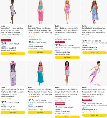 Amazon : Up to 72% OFF -  Barbie Doll | Starts @249/-