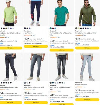 Amazon : Up to 82% OFF - Neostreak Mens Clothings