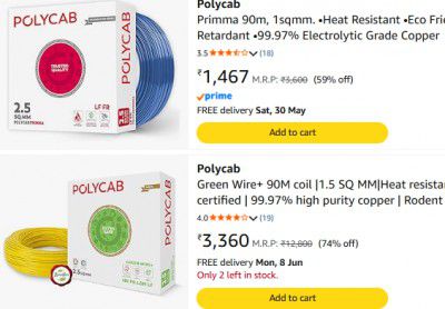 Amazon : Upto 74% OFF - Polycab Copper Wire 