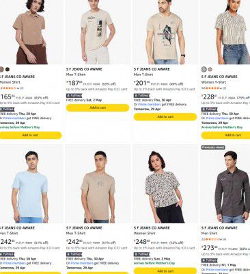 Amazon : Upto 84% OFF -   S F Jeans Co Aware Clothings