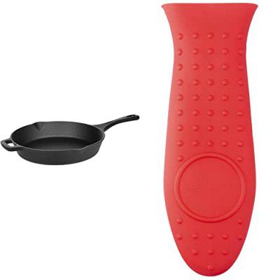 AmazonBasics 12 Inch Cast Iron Skillet Pan + Silicone Hot Skillet Handle Cover Holder