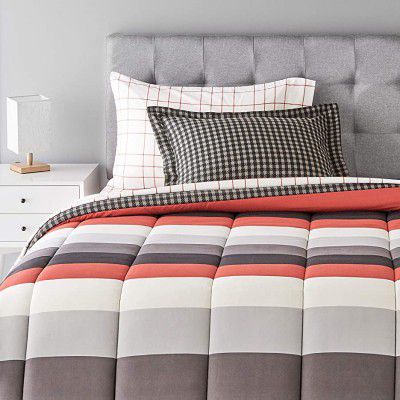 AmazonBasics 5-Piece Bedsheet Set - Single Large, Simple Stripe (Includes 1 bedsheet, 1 Comforter, 2 Pillowcases, 1 Fitted Sheet)(Red)