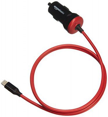 Amazonbasics 5V 2.4A 12W Straight Cable Lightning USB Car Charger Compatible with Mp 3 Players (3', Black)