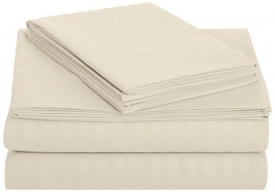 AmazonBasics Deluxe Microfiber Striped BedSheet Set (Includes 1 bedsheet, 1 fitted sheet with elastic, 2 pillow covers), Beige, Queen