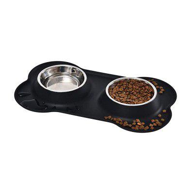 AmazonBasics Dog Bone Shaped Silicone Pet Bowl Combo Black, For Small Dogs, Puppies And Cats