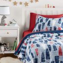 AmazonBasics Easy-Wash Microfiber Kids Bed-in-a-Bag Bedding Set - Twin, Red and Blue Feathers...