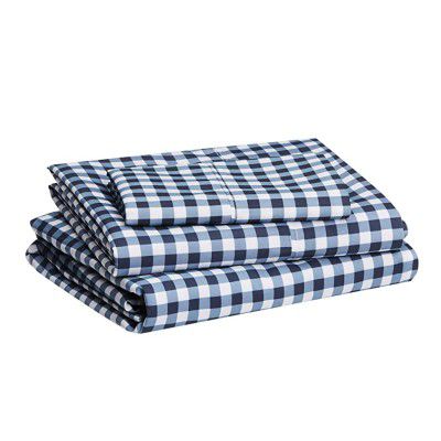 AmazonBasics Polyester Gingham Plaid Microfiber Sheet Set - Includes 1 Bedsheet, 1 Fitted Sheet with Elastic, 1 Pillow Cover, Single Large, Blue