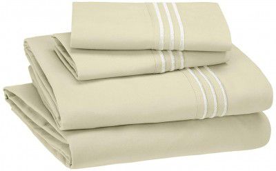 AmazonBasics Embroidered Hotel Stitch Sheet Set - Queen, Aloe Green - with pillow covers