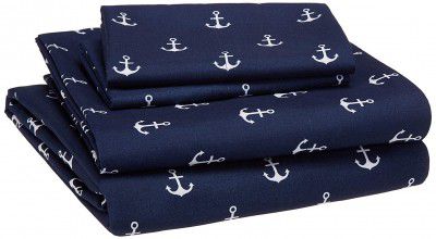 AmazonBasics Kids Sheet Set - Soft, Easy-Wash Microfiber - Queen, White Anchors - with 2 pillow covers