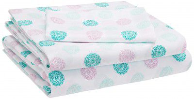 AmazonBasics Kids Soft, Easy-Wash Microfiber Floral Single Sheet with pillow cover Set (Jade Medallion)