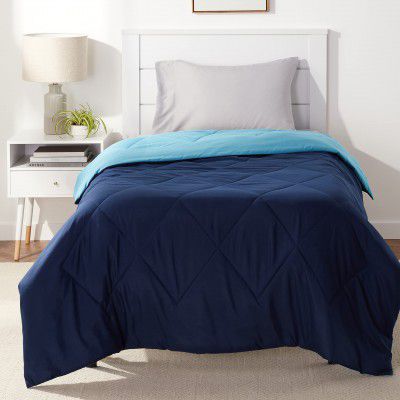 Amazon Basics Reversible Microfiber Comforter - Single/Single Large, Navy Blue, Pack of 1