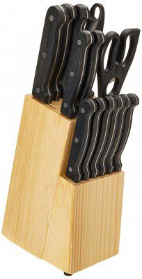 AmazonBasics Stainless Steel Knife Set with High-carbon Blades and Pine Wood Block, 14 Pieces