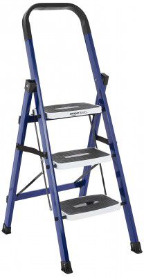 Amazon Basics Super Clamber - Non-Trip and Flat-Foldable Step Ladder, with Anti-Skid Steps, 3 Steps (Steel, Blue & White)