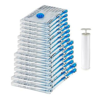 Amazonbasics Vacuum Compression Storage Bags With Hand Pump-15-Pack(2 X-Jumbo,5 Jumbo,4 Large,4 Medium),White