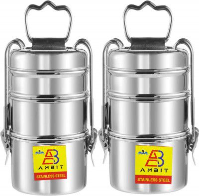 Ambit Stainless Steel Strong Clip Carrier Lunch Box 2 Lunch Box 6 Containers Stainless Steel Office Lunch Box (1800 ml)