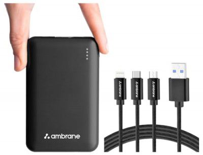 Ambrane 10000mAh Compact Powerbank, 22.5W Fast Chargings (Powerlit, Black) with Ambrane 3 in 1 Mobile Charging Cable