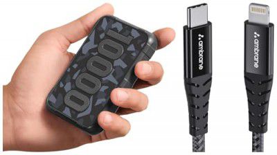 Ambrane 10000mAh Rugged, Slim & Compact Powerbank, 22.5W Fast Charging,with Lightning Cable
