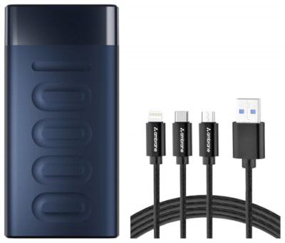 Ambrane 10000mAh Slim & Compact Powerbank, 22.5W Fast Charging, USB & Type C Output with 3in1 Cable