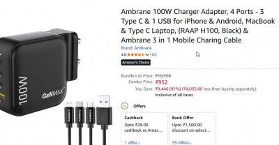 Ambrane 100W Charger Adapter, 4 Ports - 3 Type C & 1 USB (RAAP H100, Black)