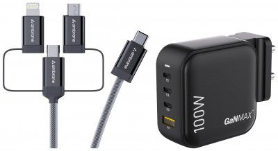 Ambrane 100W Charger Adapter, 4 Ports - 3 Type C & 1 USB for iPhone & Android, MacBook & Type C Laptop, (RAAP H100, Black) & Ambrane 3 in 1 Mobile Charing Cable