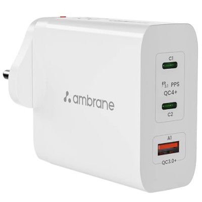 Ambrane 150W GaN Multi-Port Fast Charger Type C USB Compatible with All iPhones, Android Smartphones & Laptops (MacBook & Windows) with Dual Removable Pins for India & EU/US (RAAP G150, White)