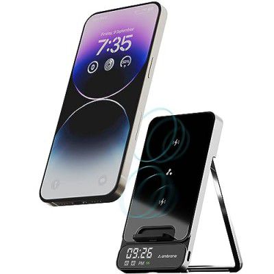 Ambrane 15W Wireless Charger with Stand | Fast Charging Pad with Digital Display & Alarm with Attached Cable, Phone Holder (Powerpod Pro)