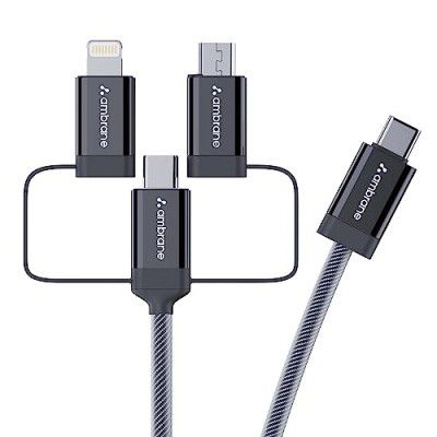 Ambrane 3 in 1 Type C, Lightning and Micro USB Cable Compatible with iPhone, Micro USB, Type C Devices, PD Technology, 60W Fast Charging, Multipurpose Cable for all devices (Trio-15, Black, 1.5m)