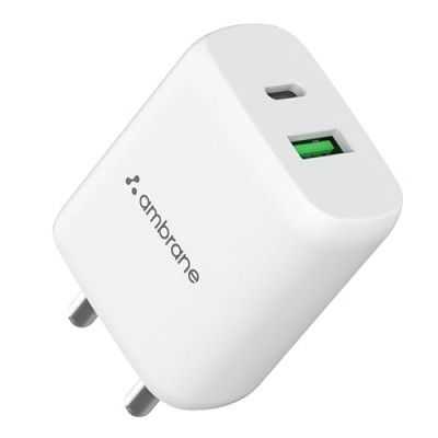 Ambrane 30W USB & Type C Fast Charger with QC & PD Technology, Fast Charging Compatible with iPhone, iPad, Samsung Galaxy (RAAP H30, White)
