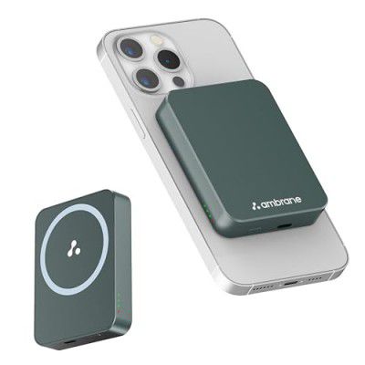 Ambrane 5000mAh Mini MagSafe Wireless Power Bank | 15W Fast Charging (Aerosync PB5, Green)