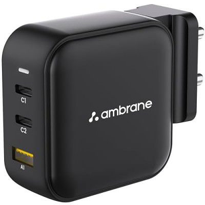 Ambrane 65W Charger Adapter, 3 Ports - 2 Type C & 1 USB Samsung, Type C Laptops for All Devices (RAAP G65)