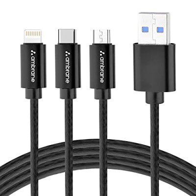 Ambrane Unbreakable 3 in 1 Fast Charging Braided Multipurpose Cable for Speaker with 2.1 A Speed - 1.25 meter, Black