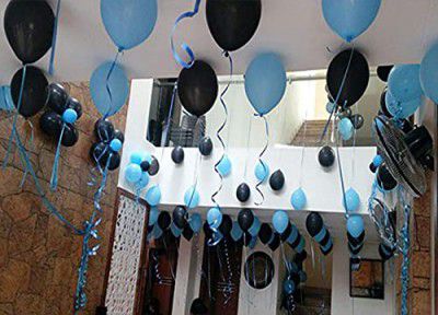 AMFIN 10 Inch (Pack of 50) Metallic Balloons Light Blue and Black with 20m blue ribbon and black ribbon for Decoration