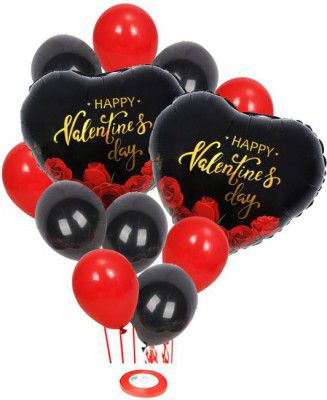 AMFIN Printed (Pack of 13) Happy Valentines Day Heart Shape Foil Balloon Bouquet with Red & Black Metallic Balloons & Curling Ribbon for Valentines Party Decorations / Valentine Decoration Items for R