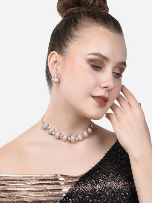 Ami Rose Gold Dazzling cubic Zirconia Classy Contemporary Necklace & Earring Set For Women-ZPFK20107