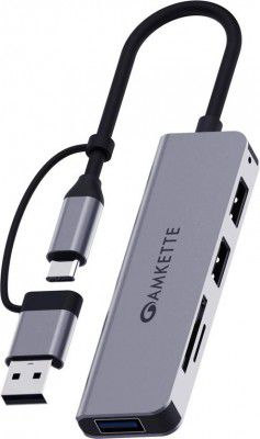 AMKETTE 5 in 1 Hybrid USB 3.0 Hub with Card Reader Type C+A USB Hub (Grey)