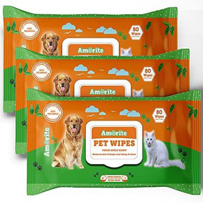 AMORITE Anti-Bacterial 240 Count Pet Wipes with Fresh Apple Scent for Dogs, Puppies & Pets (Pack of 3)