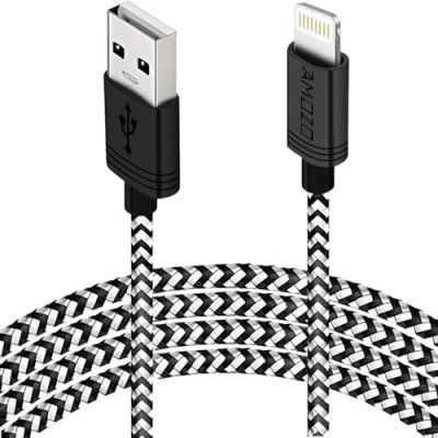 Amozo Nylon Braided Tough USB A to Lighting Fast Charging and Data Sync 480 MBPS Cable Compatible for iPhone, iPad Air, Pro, Mini (2 Meter, USB A to Lightning, Black/White Braided)
