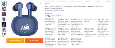 AMS X-38 TWS Earbuds 42hrs Playtime (Blue, In the Ear)