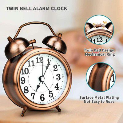 Analog Vintage Twin Bell Copper Table Alarm Clock with Night Led Light Alarm Clocks for Heavy Sleepers,, 12 Cm