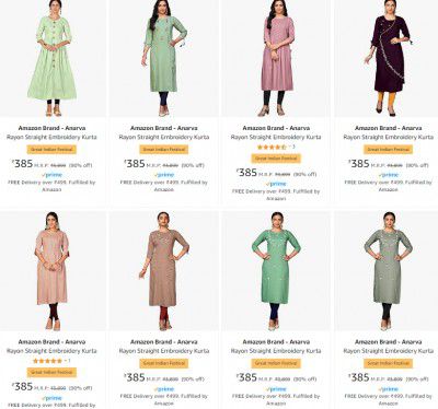 Amazon Brand - Anarva Women's Kurta Minimum 70% - 90% Off