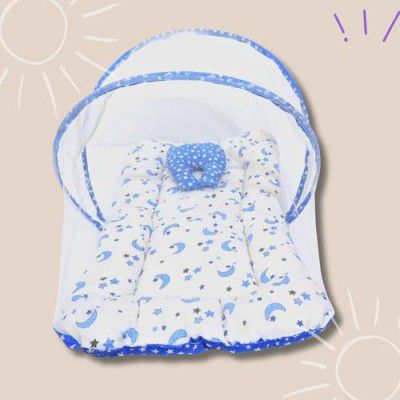 ANCHARA Baby Bed, Sleeping Bag & Net Bad Carry New Born Baby Unisex Cotton Carry Bag/Sleeping Bag, 3 in 1 Baby Bed, Blue,1 Count