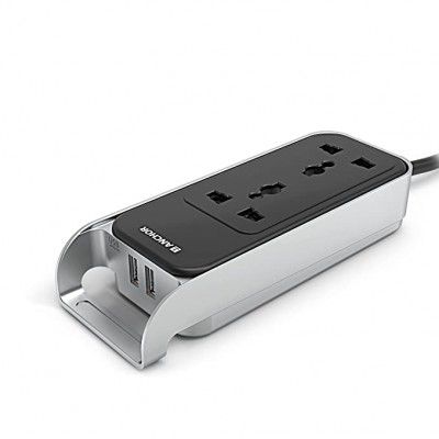 Anchor by Panasonic 22052 6A,Spike Guard With Handle, 2 Sockets + USB 2.4A, 0.8M cable (Black and Silver)
